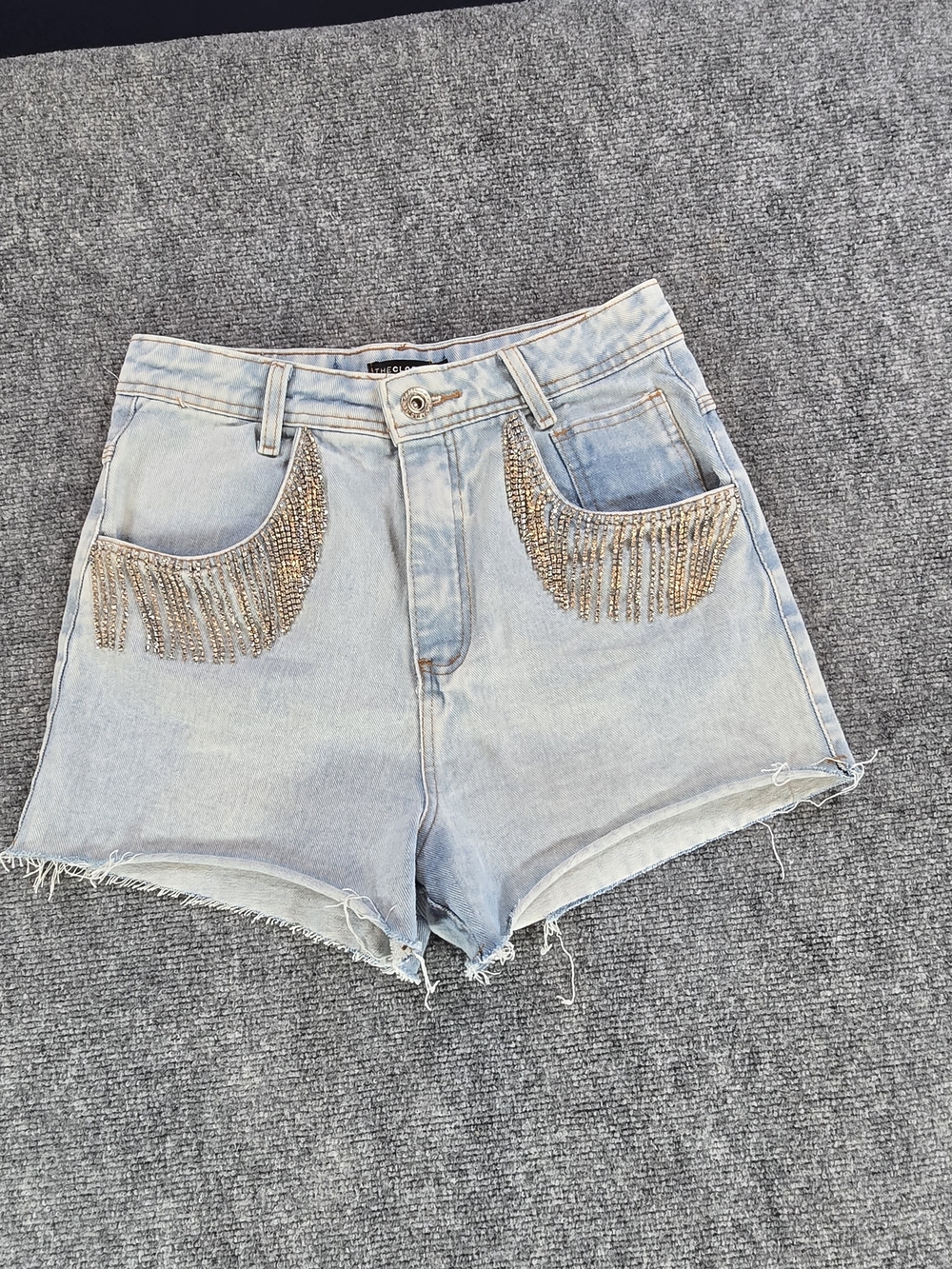 Rhinestone Fringe Pocket Denim Shorts Womens 38 Light Wash Festival Western Glam